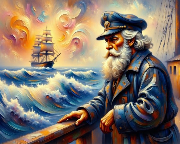 Weathered Sea Captain on Deck at Sunset