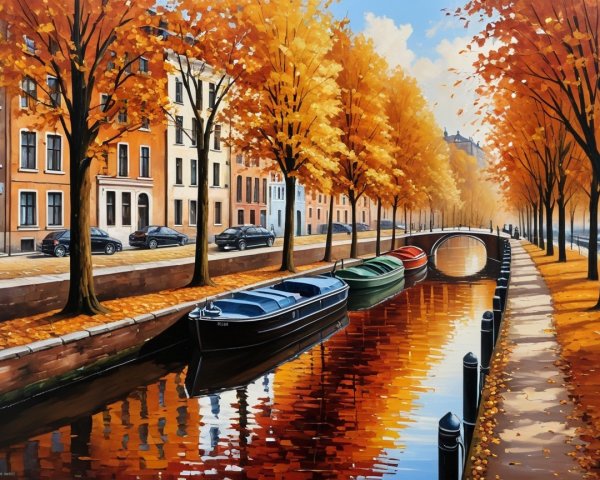 Autumn Canal Scene with Colorful Trees and Boats