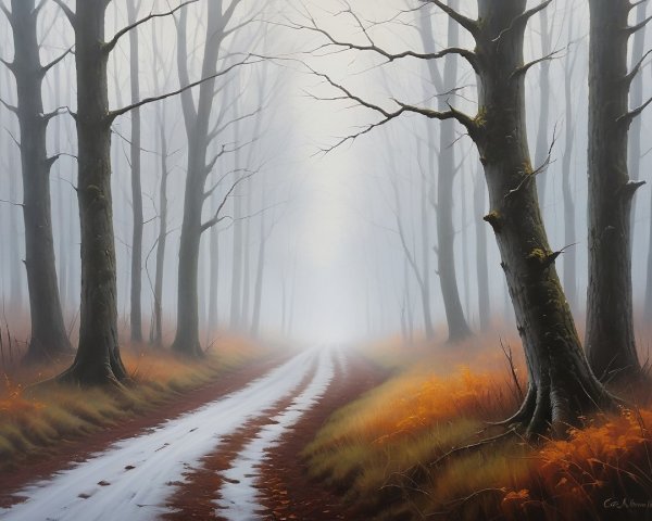 Misty Forest Scene with Tall Trees and Winding Path