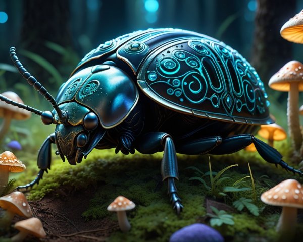 Metallic Insect on Lush Forest Floor with Mushrooms