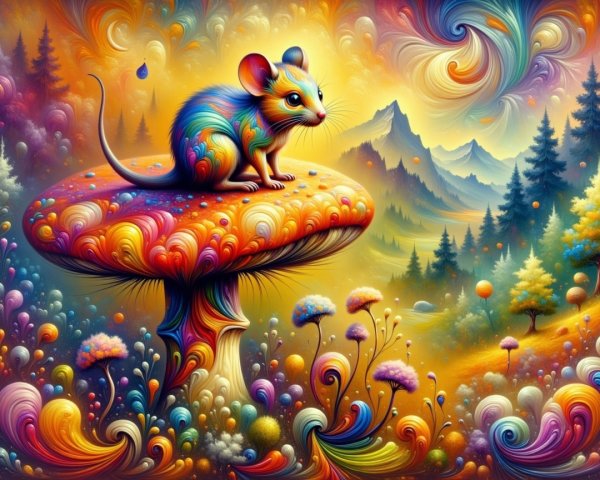 Colorful Mouse on Mushroom in Whimsical Landscape