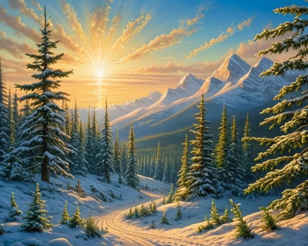 Serene Winter Landscape with Snowy Evergreens and Mountains