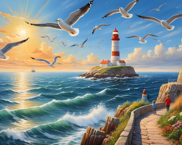 Coastal Scene with Lighthouse and Sunset Atmosphere
