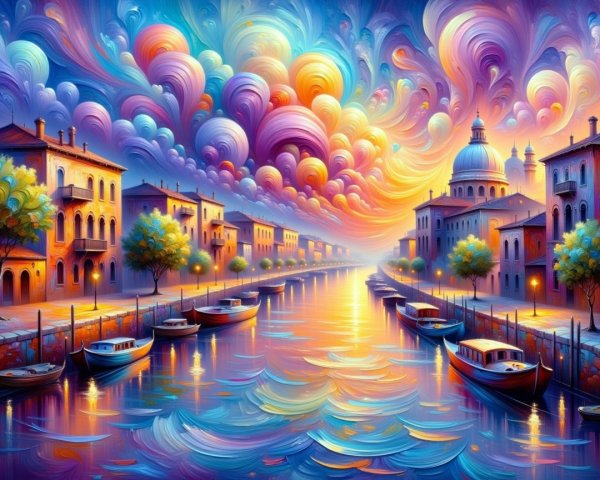 Dreamlike Canal Scene at Sunset with Charming Buildings