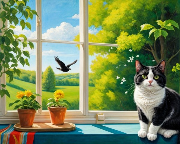 Indoor Scene with Cat, Sunflowers, and Scenic View