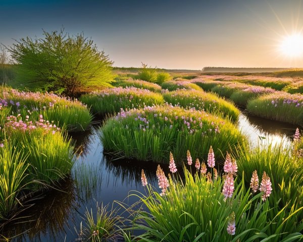 Serene Landscape with Green Grass and Pink Flowers