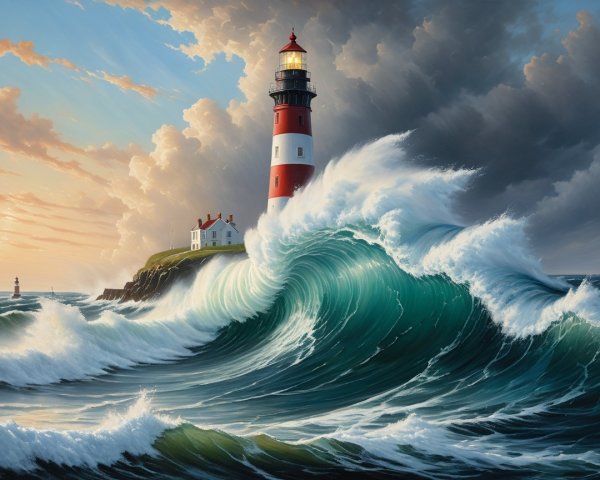 Lighthouse on Cliff Overlooking Turbulent Sea Waves