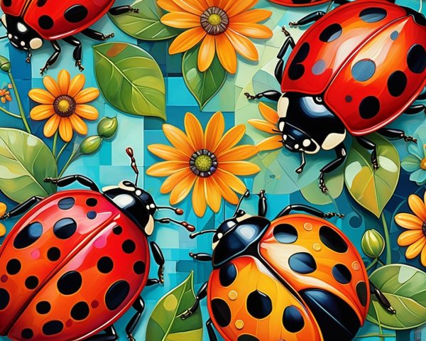 Vibrant Illustration of Ladybugs on Turquoise Background