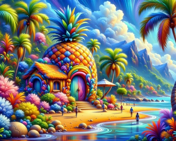Vibrant Landscape with Pineapple House and Beach