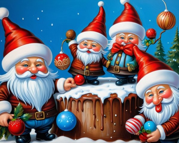 Four Santa Claus Figures Gathered Around a Cake