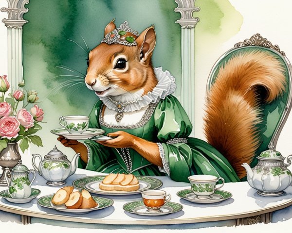 Squirrel in Gown at Elegant Tea Party Illustration