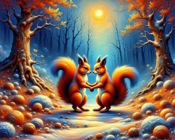 Playful Squirrels in a Vibrant Autumn Forest Scene