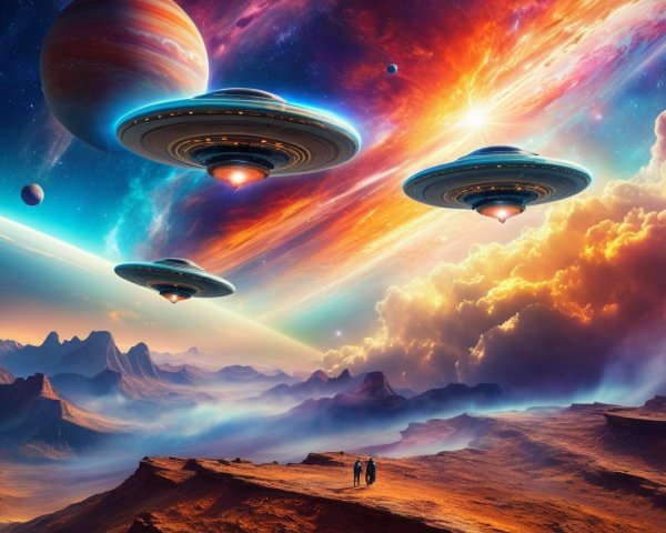 Futuristic UFOs Over Cosmic Mountains and Nebula