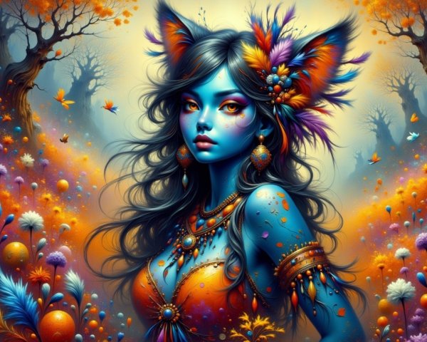 Vibrant Fantasy Scene with Blue-Skinned Girl