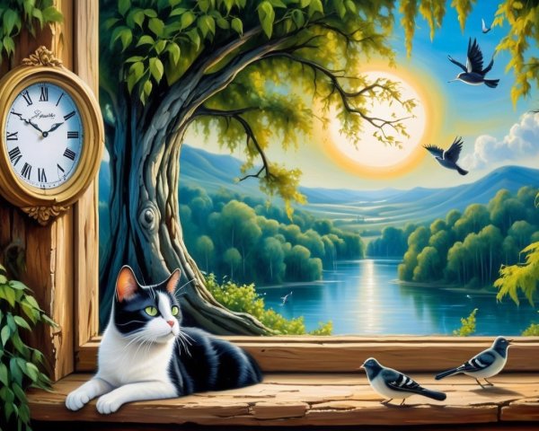 Serene Landscape with Cat and Tranquil River View
