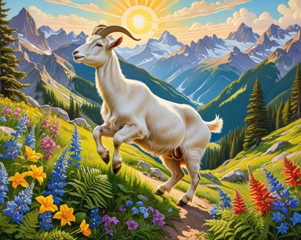 White Goat Leaping in a Colorful Meadow Landscape