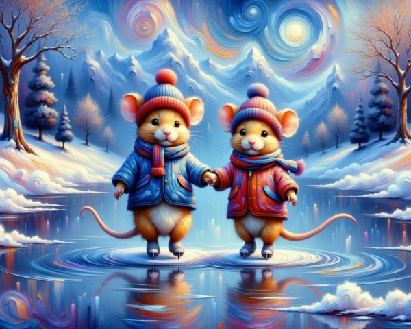 Whimsical Winter Landscape with Skating Mice