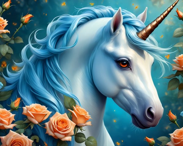 Majestic unicorn with golden horn and blue mane
