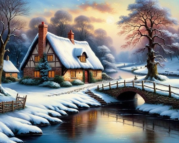 Charming Cottage in a Snowy Winter Landscape