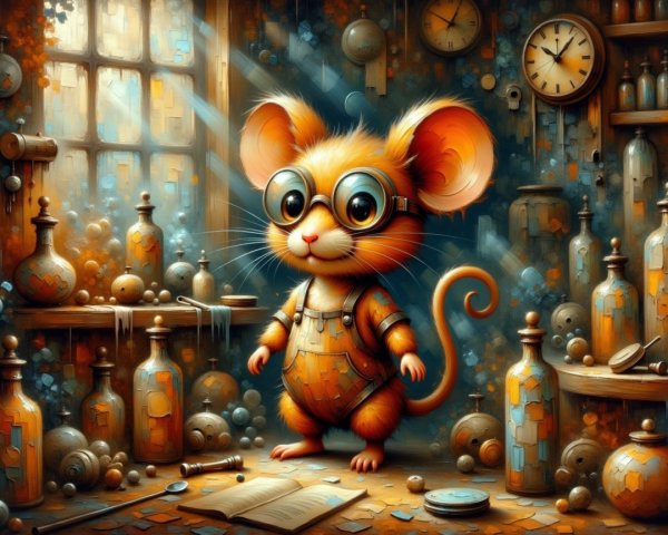 Cheerful cartoon mouse in whimsical laboratory setting