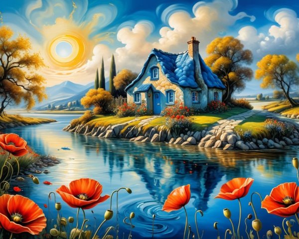 Charming Blue-Roofed Cottage by Tranquil River Scene