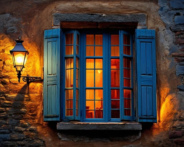 Charming window with blue shutters and vintage lantern