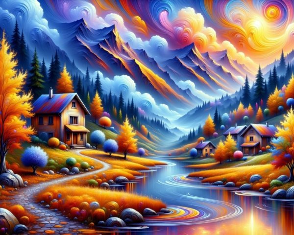 Vibrant Landscape with Sunset, River, and Autumn Trees
