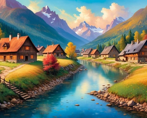 Charming Wooden Houses by a Serene River Landscape