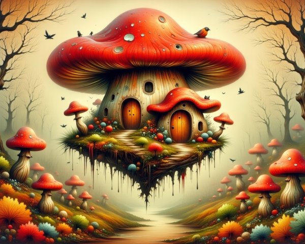 Whimsical Mushroom House in a Serene Landscape
