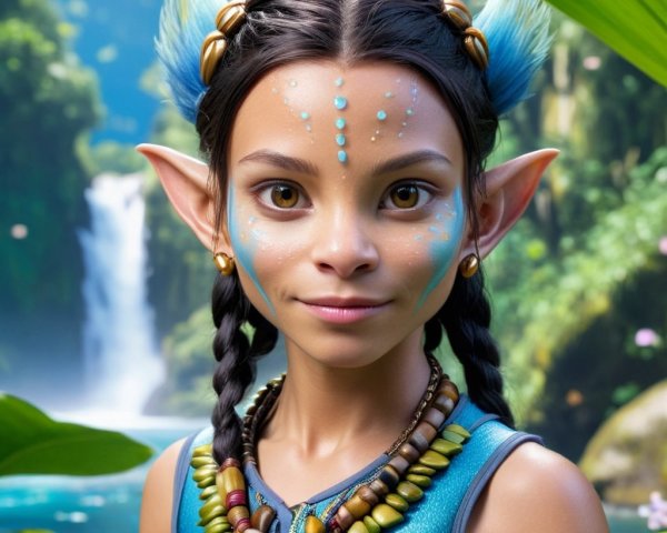 Young Character with Blue Markings in Tropical Setting