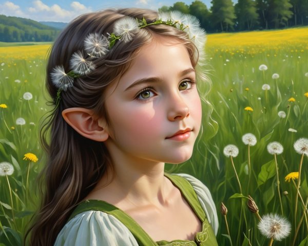 Young girl in green dress in sunlit meadow