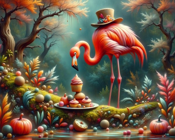 Autumn Landscape with Flamingo and Colorful Cupcakes
