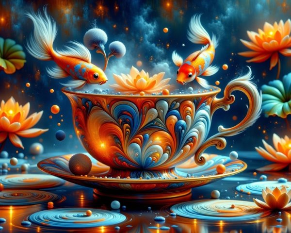 Surreal Teacup with Goldfish and Luminous Water Lilies
