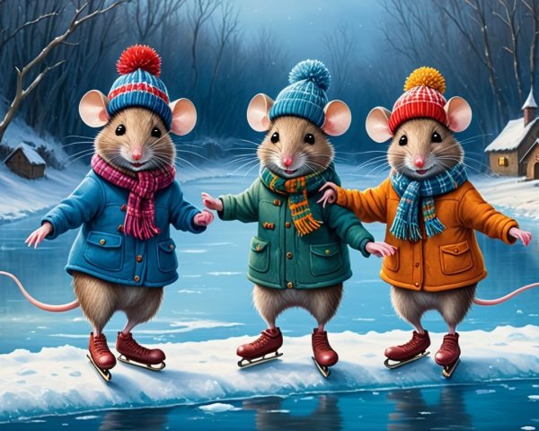 Cheerful mice skating on a frozen lake in winter attire