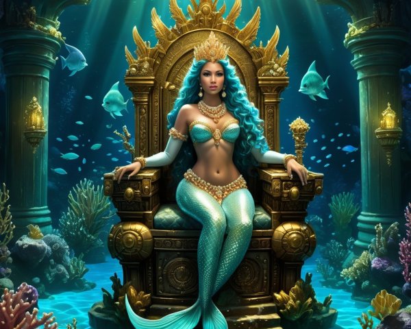 Regal mermaid on golden throne in vibrant coral reef