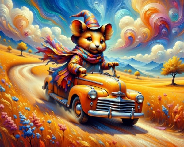Cheerful Mouse in Vintage Car on Colorful Road