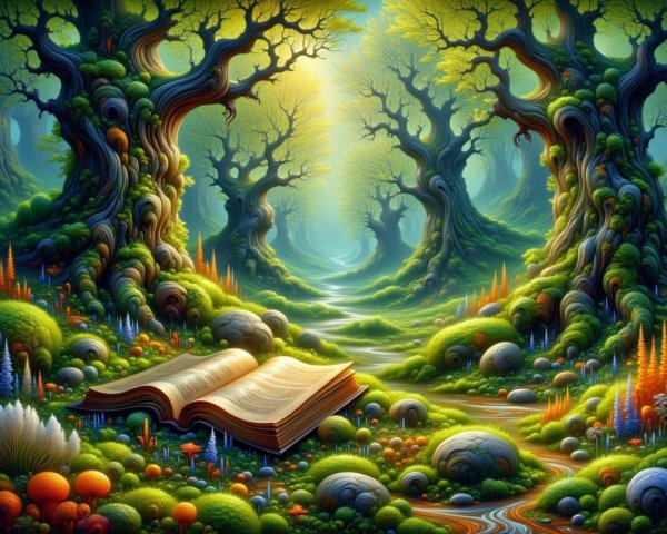 Enchanted Forest with Twisted Trees and Open Book