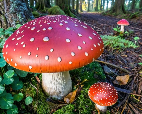 Vibrant Toadstools in a Lush Forest Setting