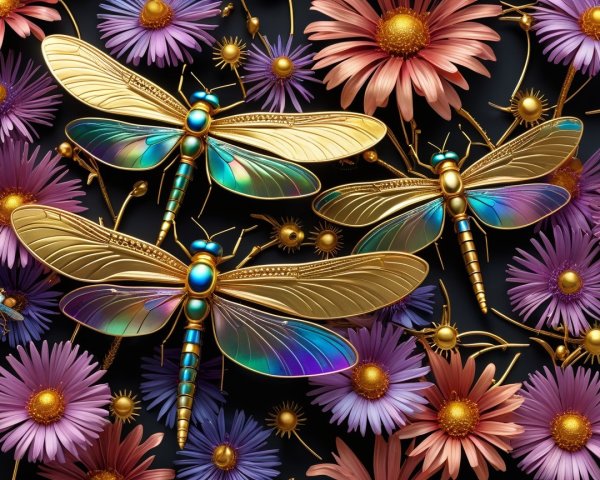 Golden Dragonflies and Colorful Flowers on Dark Surface