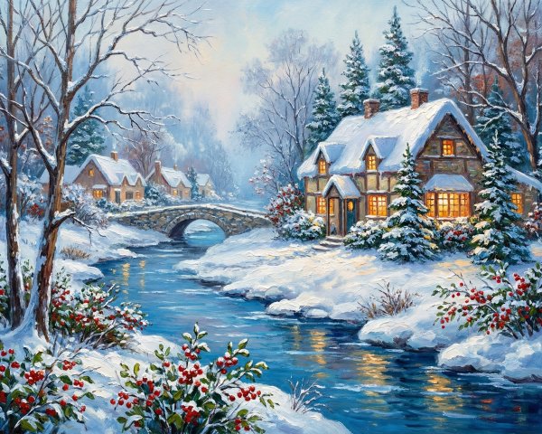 Cozy Cottage in Winter Landscape with Flowing River