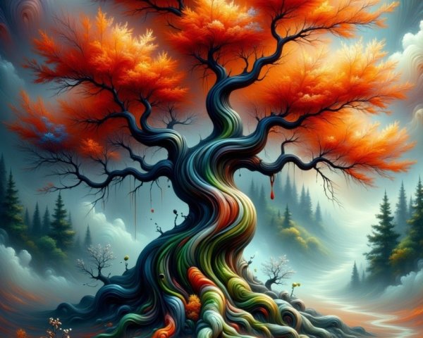 Majestic tree with vibrant leaves in tranquil landscape