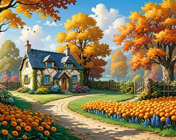 Cottage in Vibrant Autumn Landscape with Colorful Trees