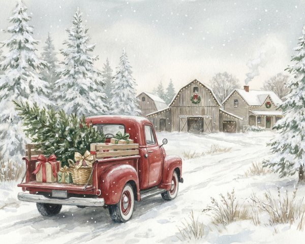 Winter Scene with Vintage Truck and Snowy Landscape