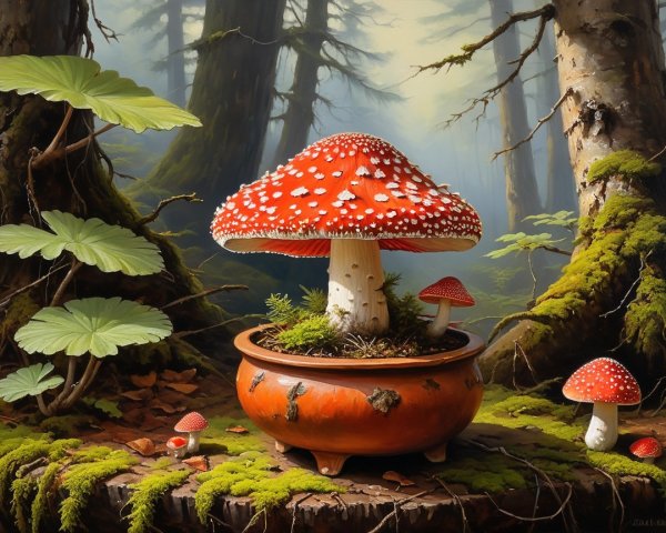 Red Mushroom in Terracotta Pot Surrounded by Moss