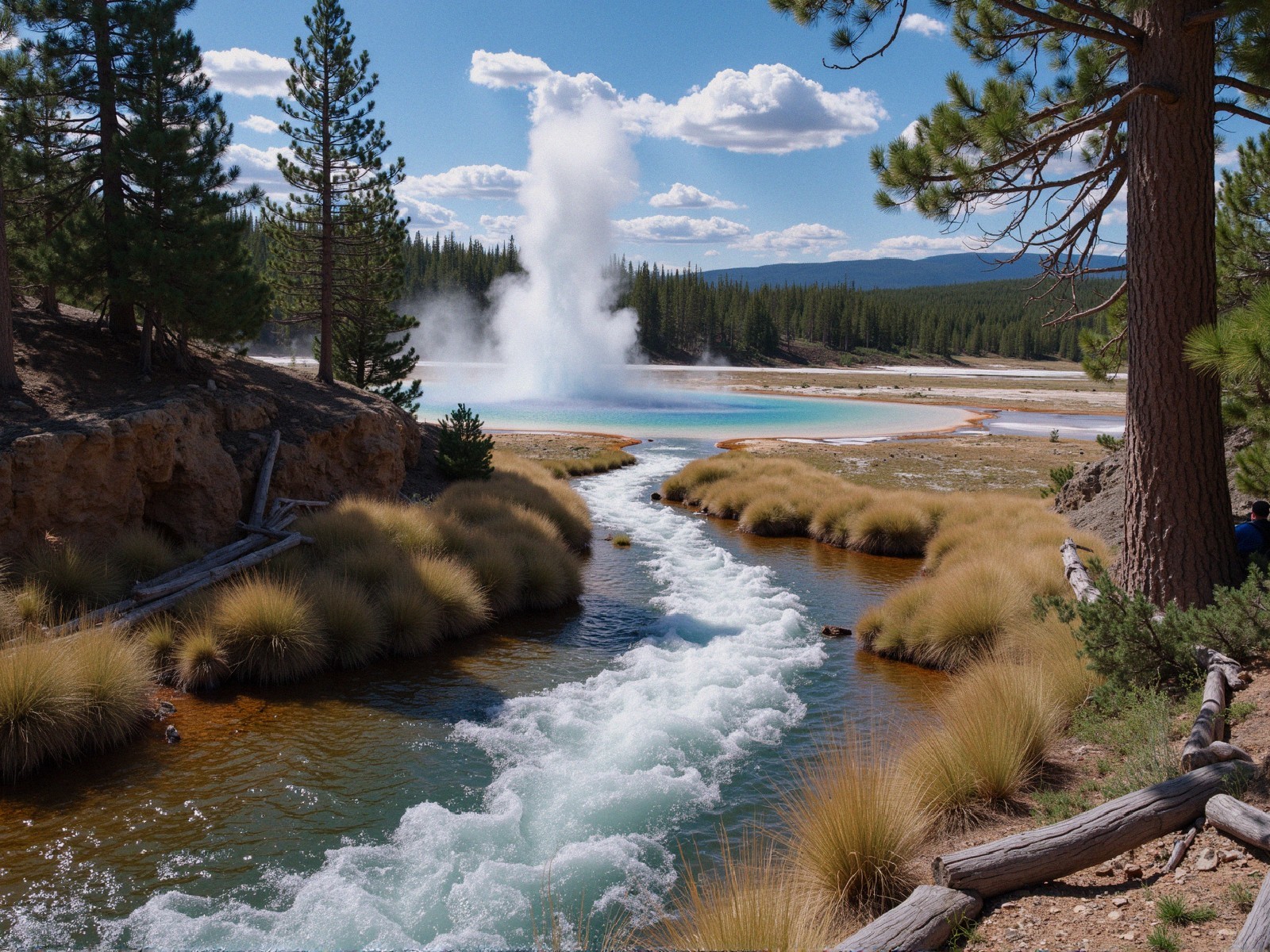 Vibrant Hot Spring Landscape with Geyser and Stream
