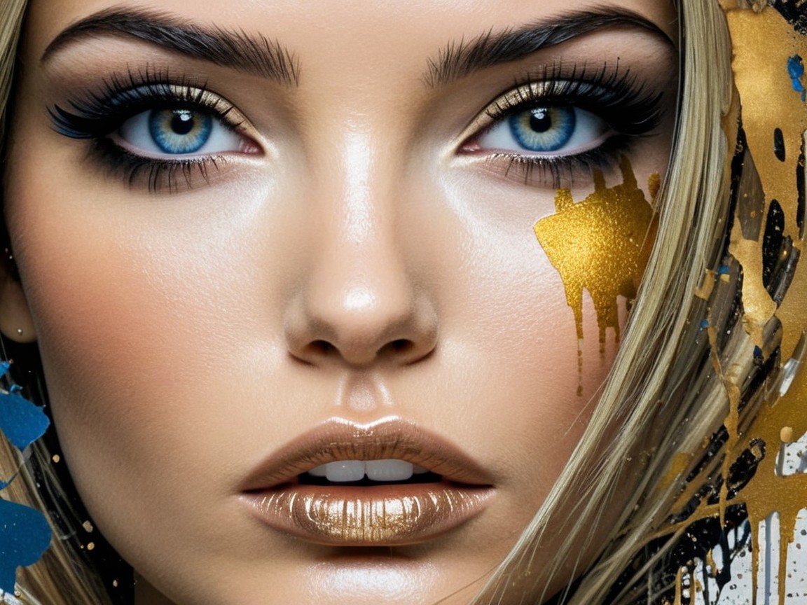 Close-Up Portrait of a Woman with Blue Eyes and Gold Accents