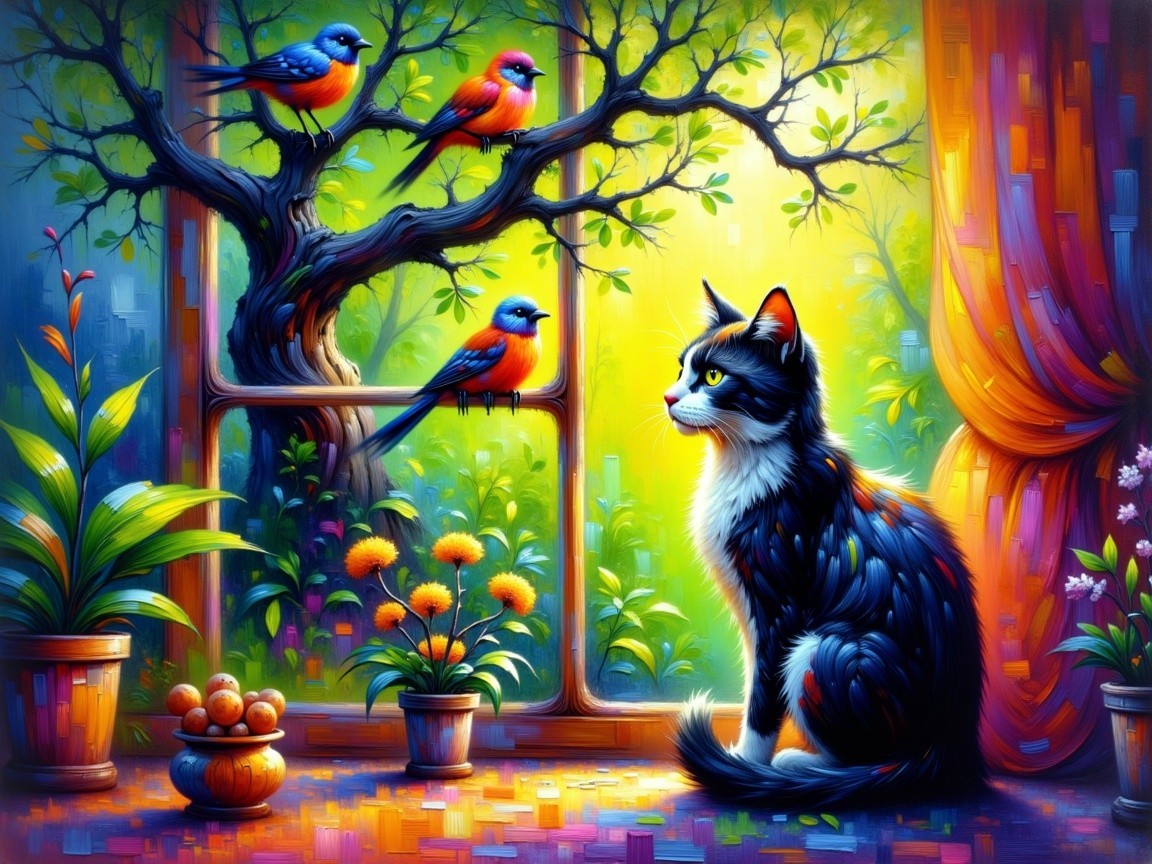 Colorful Scene of Cat by Window with Birds and Plants