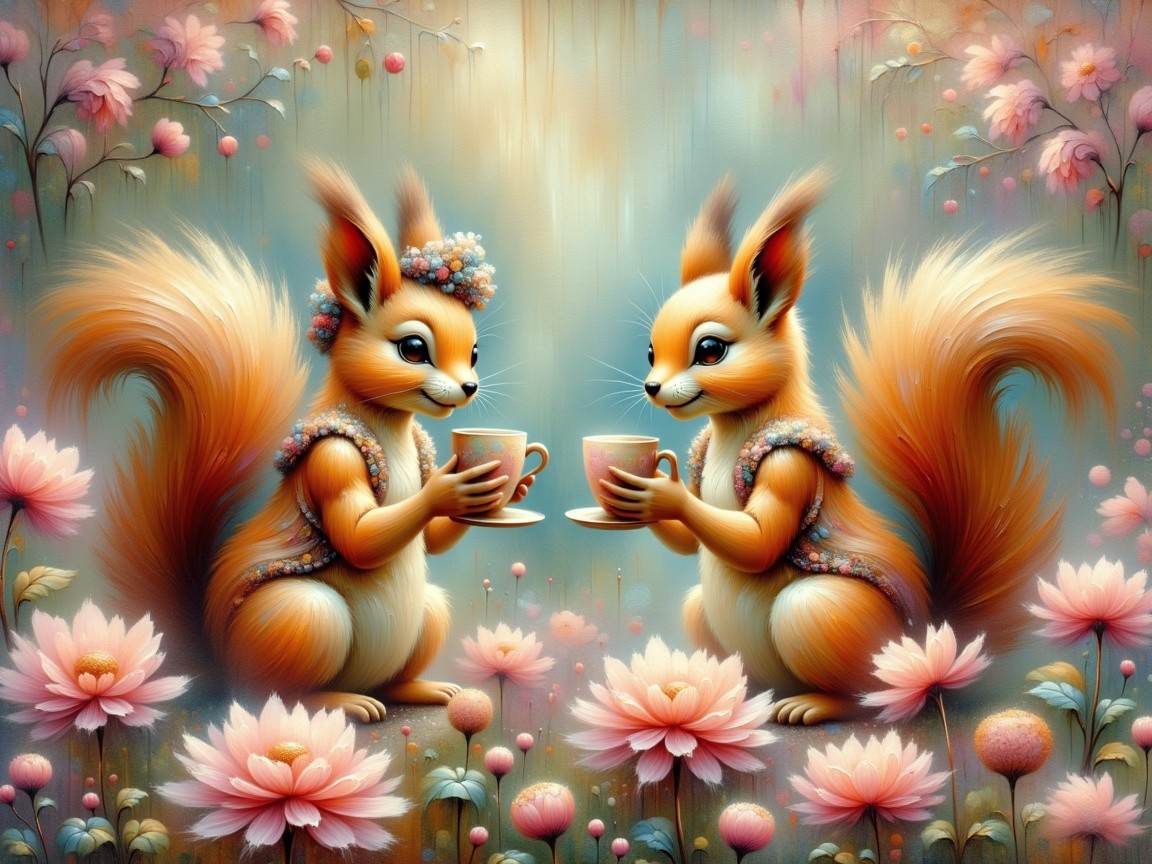 Squirrels with Teacups in a Floral Setting