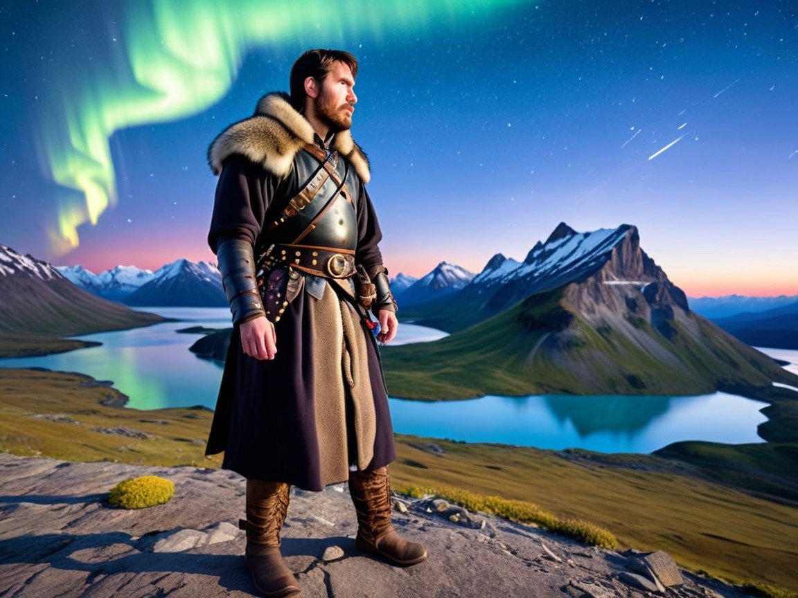 Man in Armor on Rocky Outcrop with Aurora Landscape