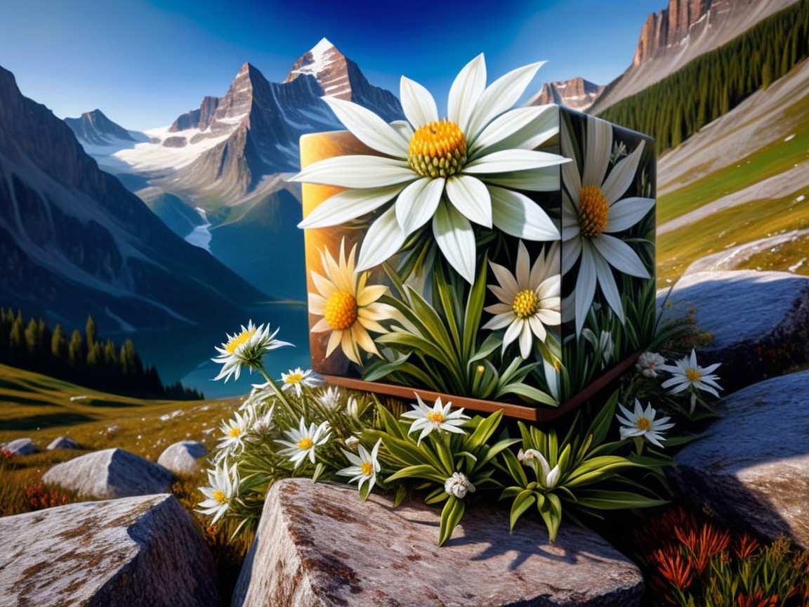 Vibrant Landscape with Mountains and Artistic Cube